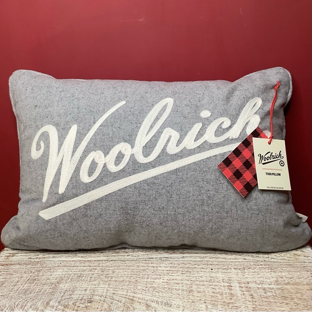 Woolrich Gray Pillow with Cream Script Logo